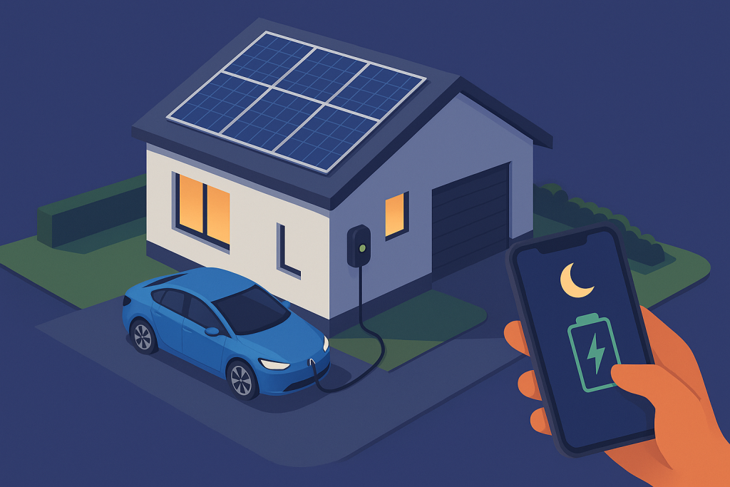 Vivienda con coche eléctrico cargando mediante wallbox y paneles solares visibles.