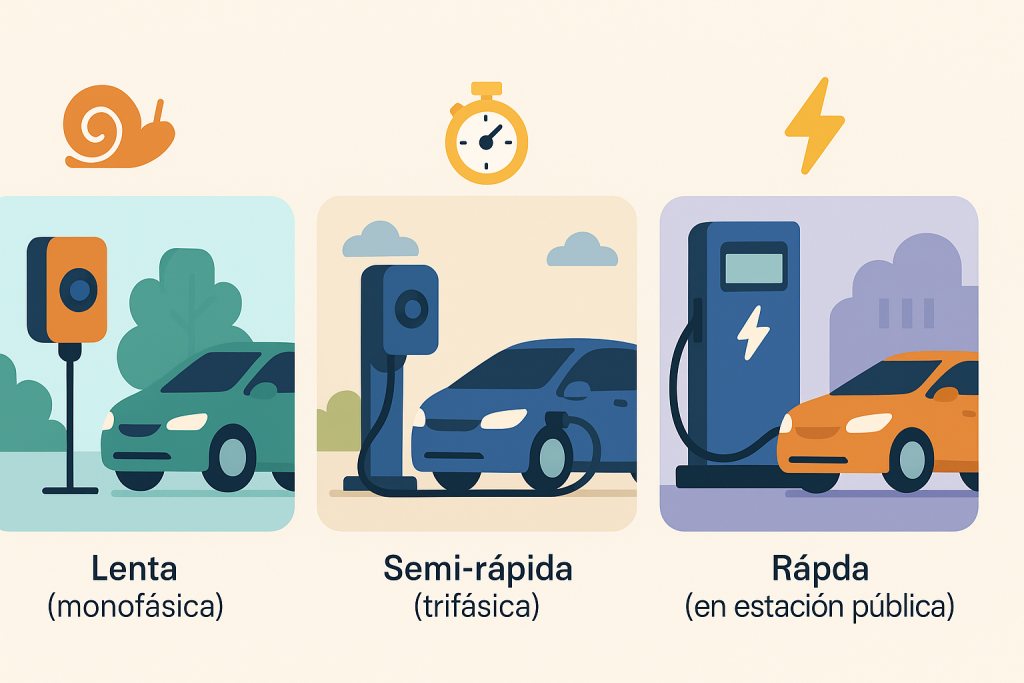 Diferentes tipos de carga eléctrica para coche según velocidad y ubicación.