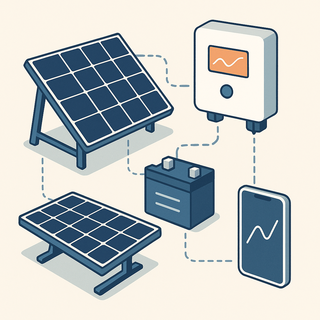  Componentes técnicos de una instalación solar doméstica conectados en vista isométrica.