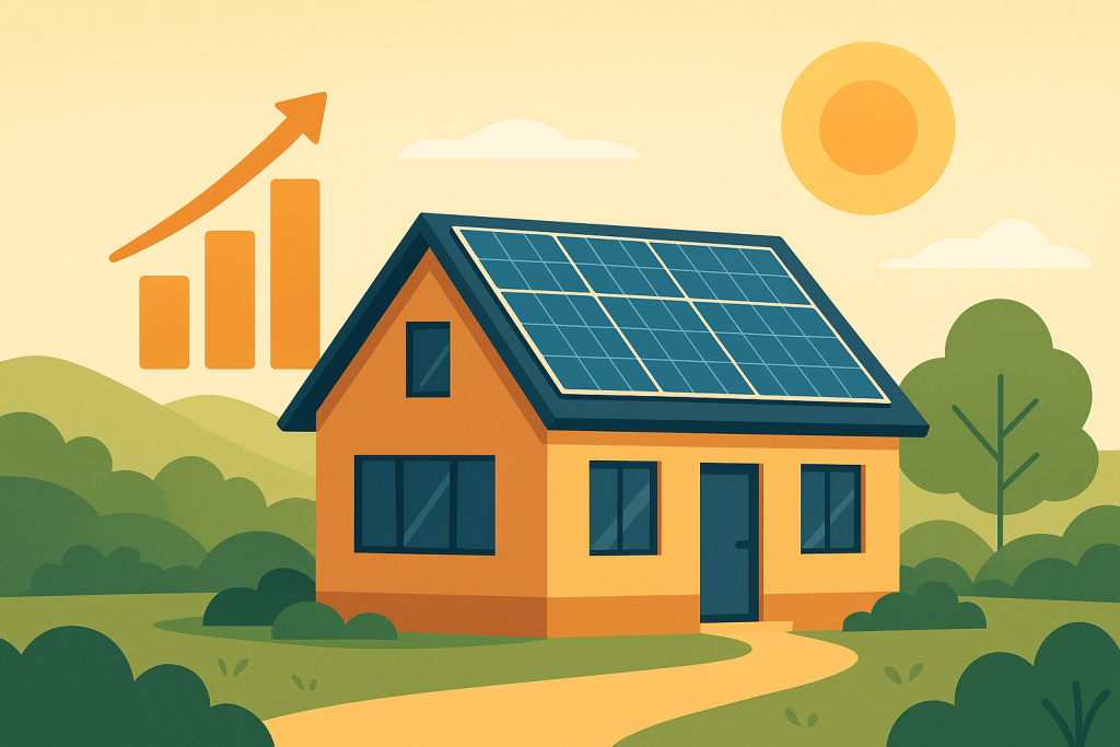 Casa con paneles solares y gráfico de retorno de inversión sobre fondo natural y soleado.