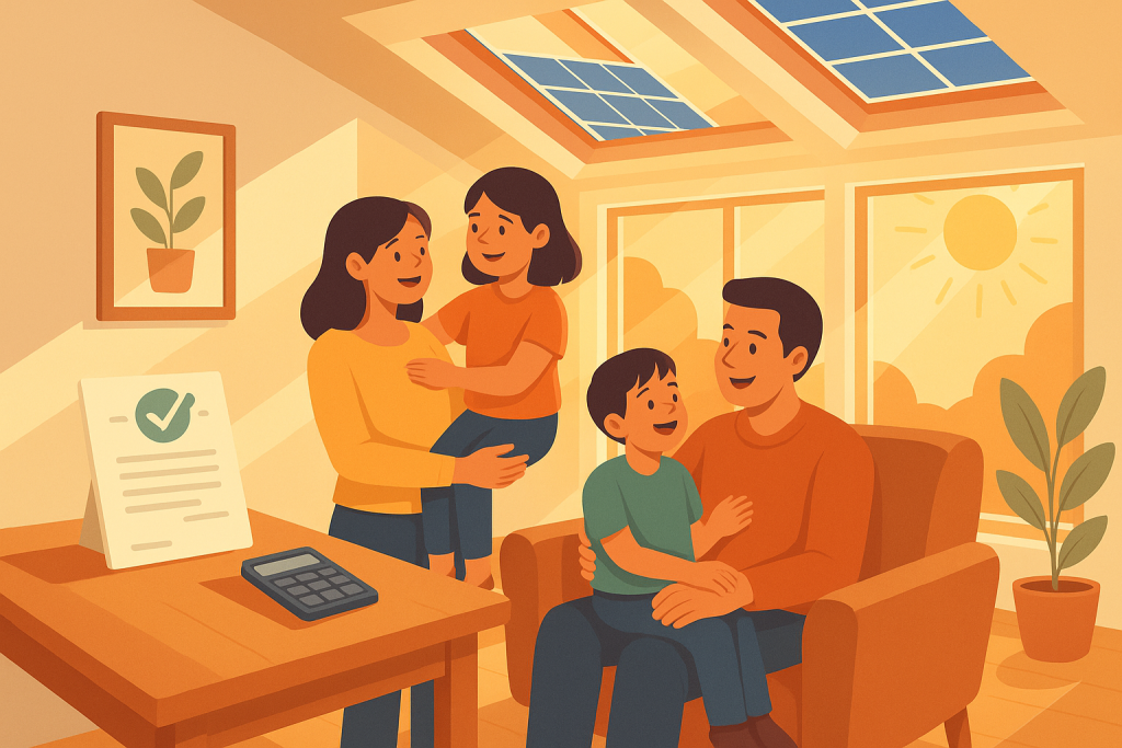 Familia en casa con energía solar, paneles en el tejado y símbolo de ahorro aprobado.