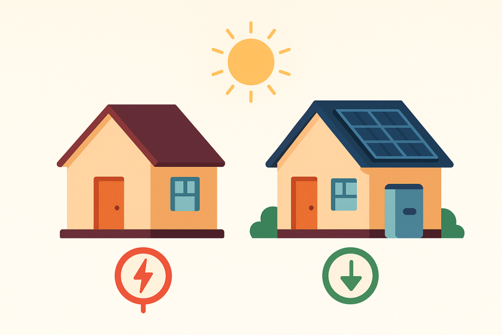 Comparativa entre casa sin placas y casa con autoconsumo solar y ahorro visualizado.

