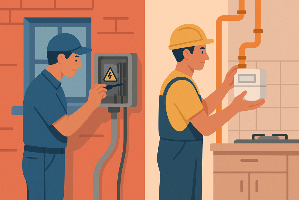  Técnicos instalando acometida eléctrica y contador de gas en vivienda.

