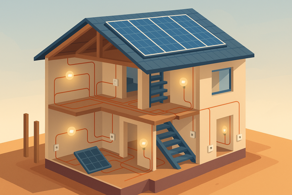 Casa en construcción con red eléctrica planificada, iluminación eficiente y energía solar integrada.