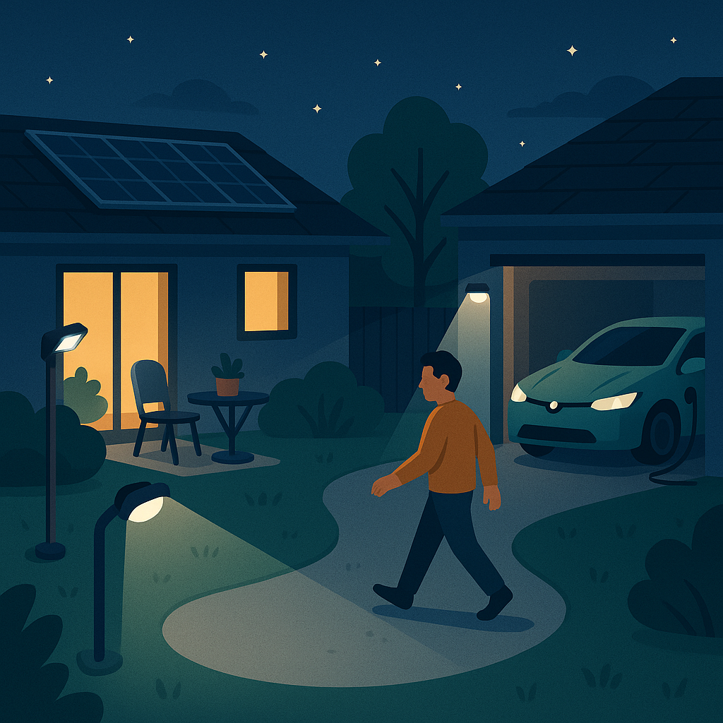 Exteriores con iluminación LED solar, punto de carga y sensores de movimiento en uso.